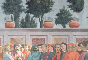 Köpfe von Menschen unter der Hintergrundmauer, aus der Erweckung des Sohnes des Theophilus und St. Peter als erster Bischof von Antiochia (Detail)